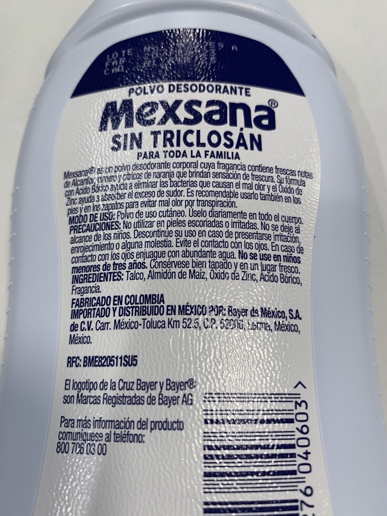 MEXSANA TALCO POLVO DESODORANTE P/PIES SIN TRICLOSAN. 160G. BAYER.