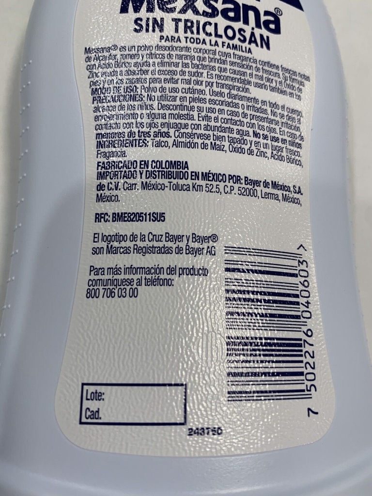 MEXSANA TALCO POLVO DESODORANTE P/PIES SIN TRICLOSAN. 160G. BAYER.