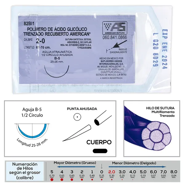 ACIDO POLIGLICOLICO TRENZADO 2-0 AGUJA B-5 [SUTURA] AMERICAN.