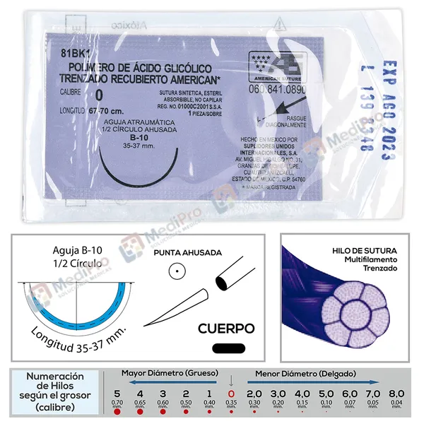 ACIDO GLICOLICO TRENZADO (SUTURA) 0/AGUJA B-10 C/1 AMERICAN