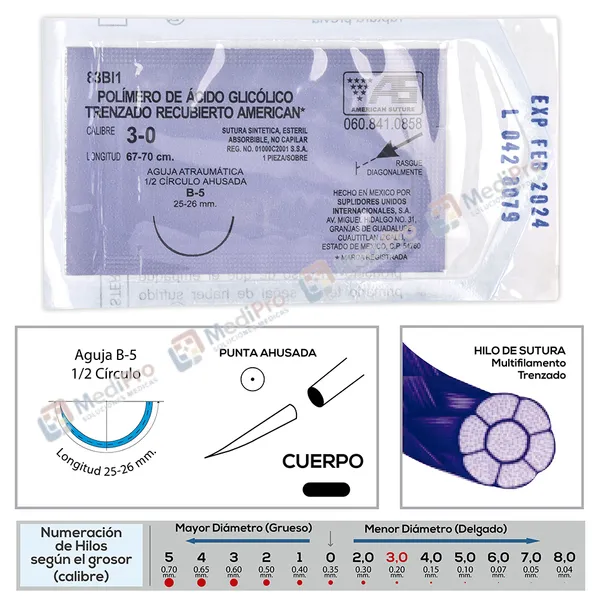 ACIDO POLIGLICOLICO TRENZADO 3-0/ B-5 [SUTURA] AMERICAN