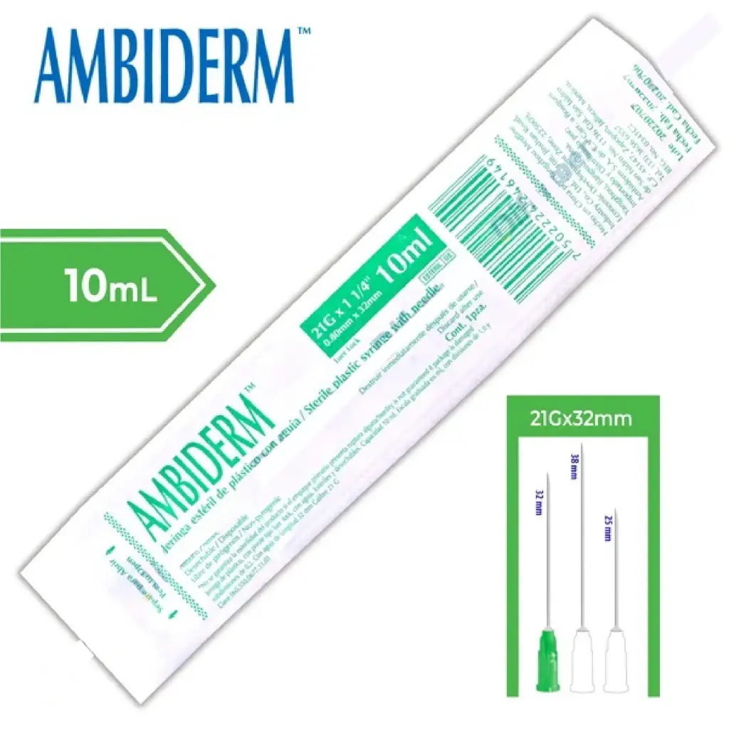 JERINGA 10 ML 21X32 C/AGUJA VERDE AMBIDERM. C/1 PZA.