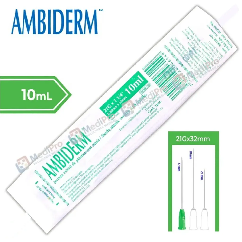JERINGA 10 ML 21X32 C/AGUJA VERDE AMBIDERM. C/1 PZA.