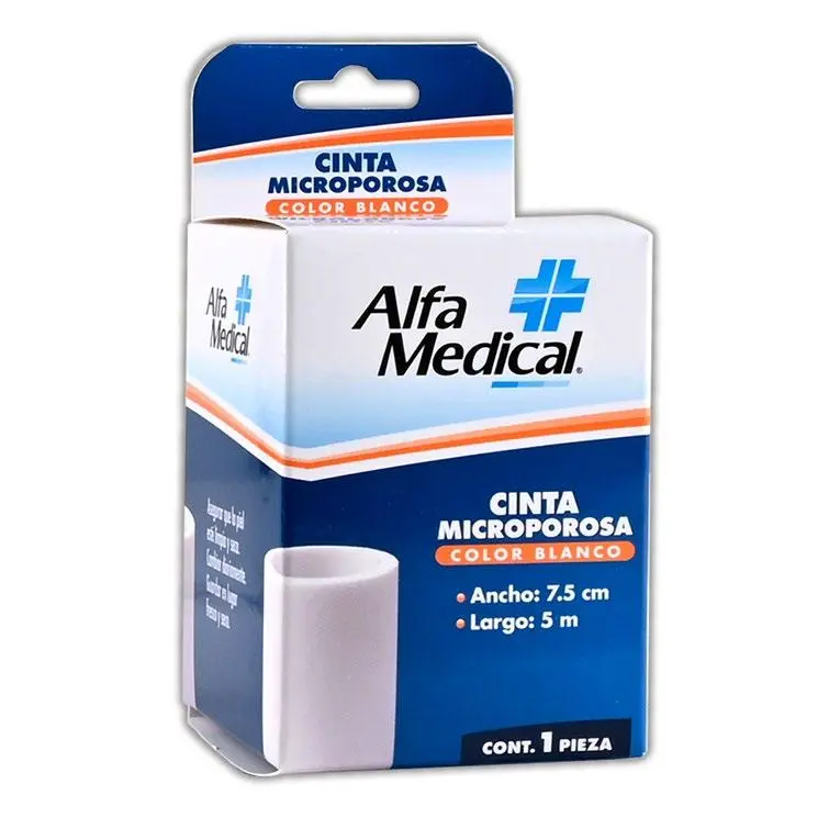CINTA MICROPOROSA (Alfa Medical) Rollo Col. Blanco A: 7.5cm; L: 5m. Cja. c/1 Pza