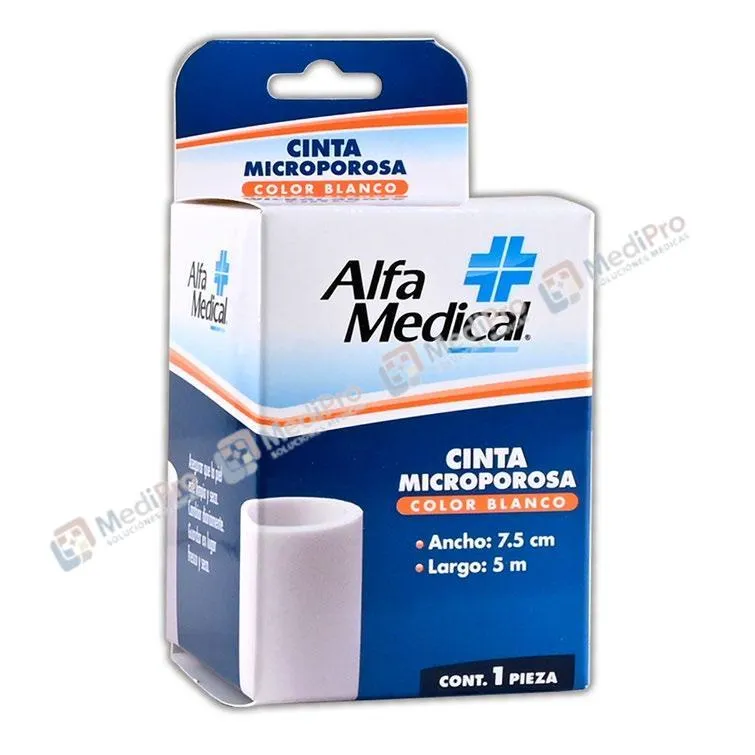 CINTA MICROPOROSA (Alfa Medical) Rollo Col. Blanco A: 7.5cm; L: 5m. Cja. c/1 Pza