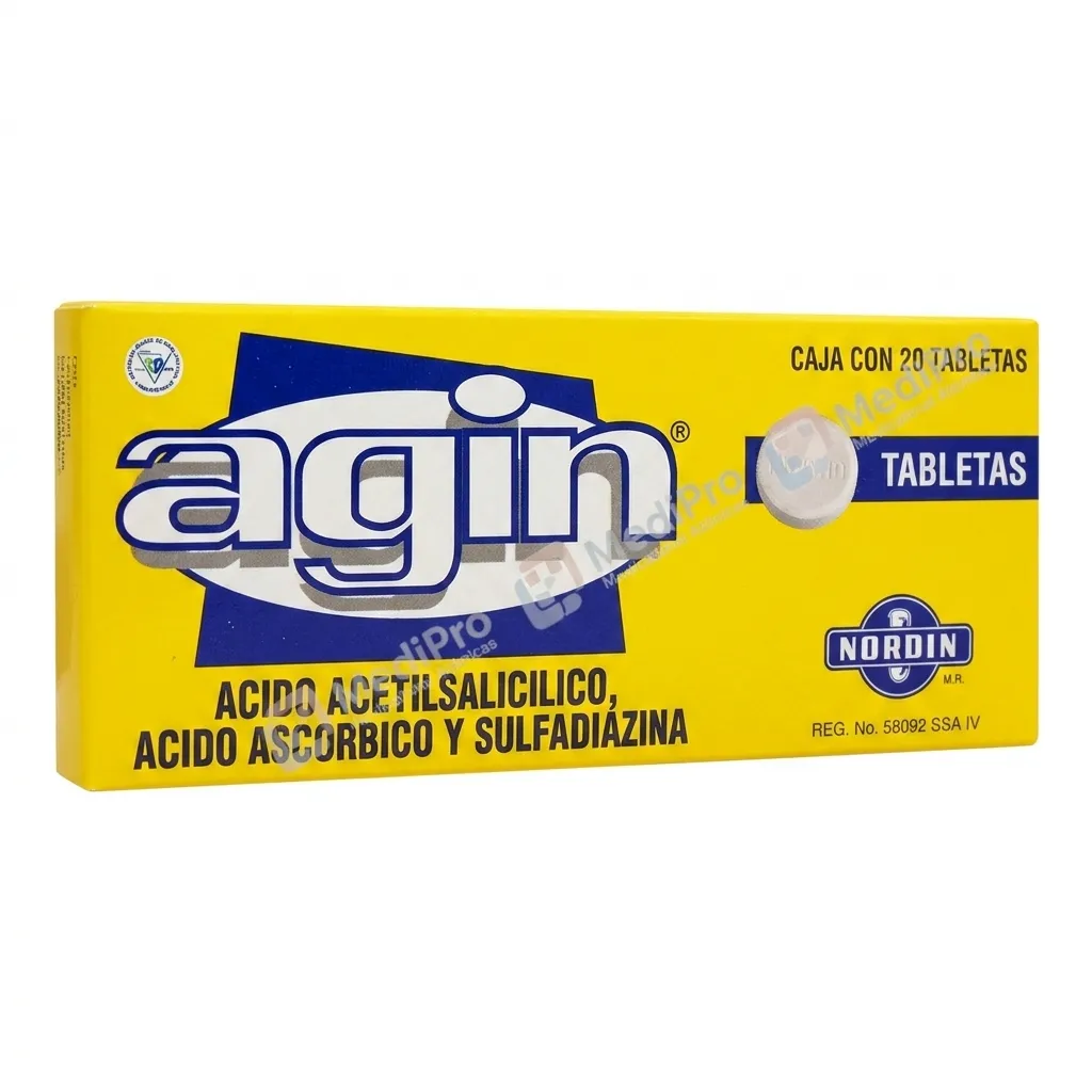 AGIN CON 20 TAB (ACIDO ACETILSALICILICO AC. ASCORBICO SULFADIAZINA) NORDIN.